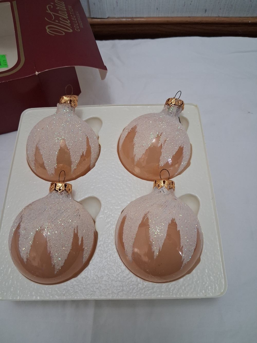 Ash Peach and White Glitter Holiday Ornaments - Set of 4